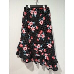 NEW Bobeau Floral Polka Dot Asymmetrical Skirt LG Ruffle Bloom Dark Romantic